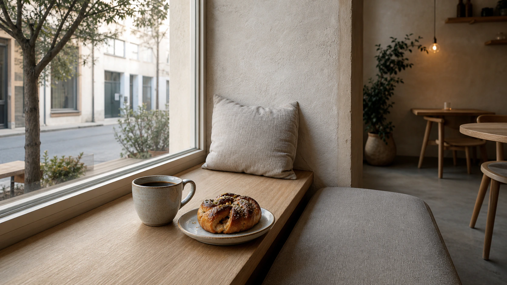 Coffee and a pastry beside a window in a fictional website study